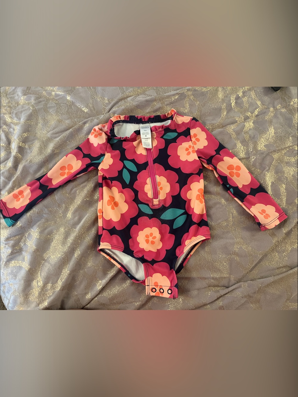 Carter's Navy Floral Zip-Front Long Sleeve One-Piece Swimsuit
